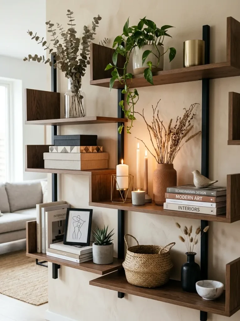 Modern shelf arrangement using candles, branches, and boxes in varied heights for visual movement.