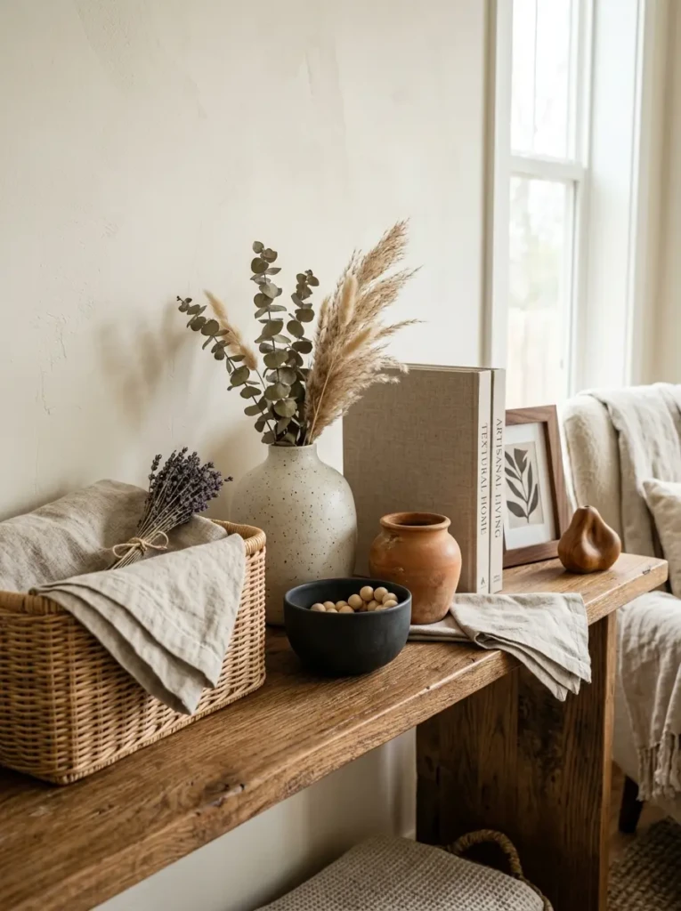 Elegant arrangement of wicker, linen, matte pottery, and wood textures on floating shelves.