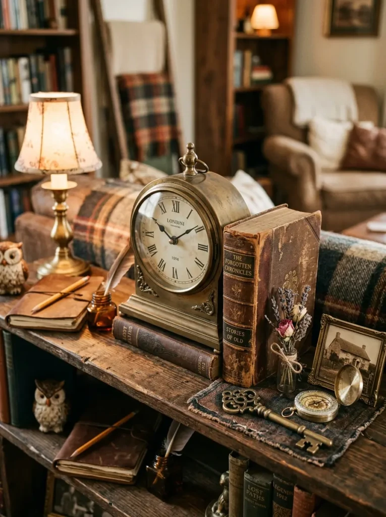 Decorative floating shelf featuring a vintage clock, old book, and brass key in warm light.