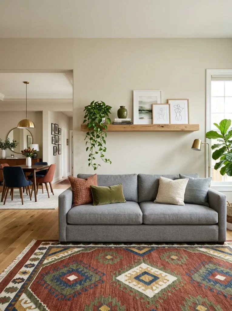 Floating shelf spanning above sofa with repeated pillow and rug tones for a cohesive living room.