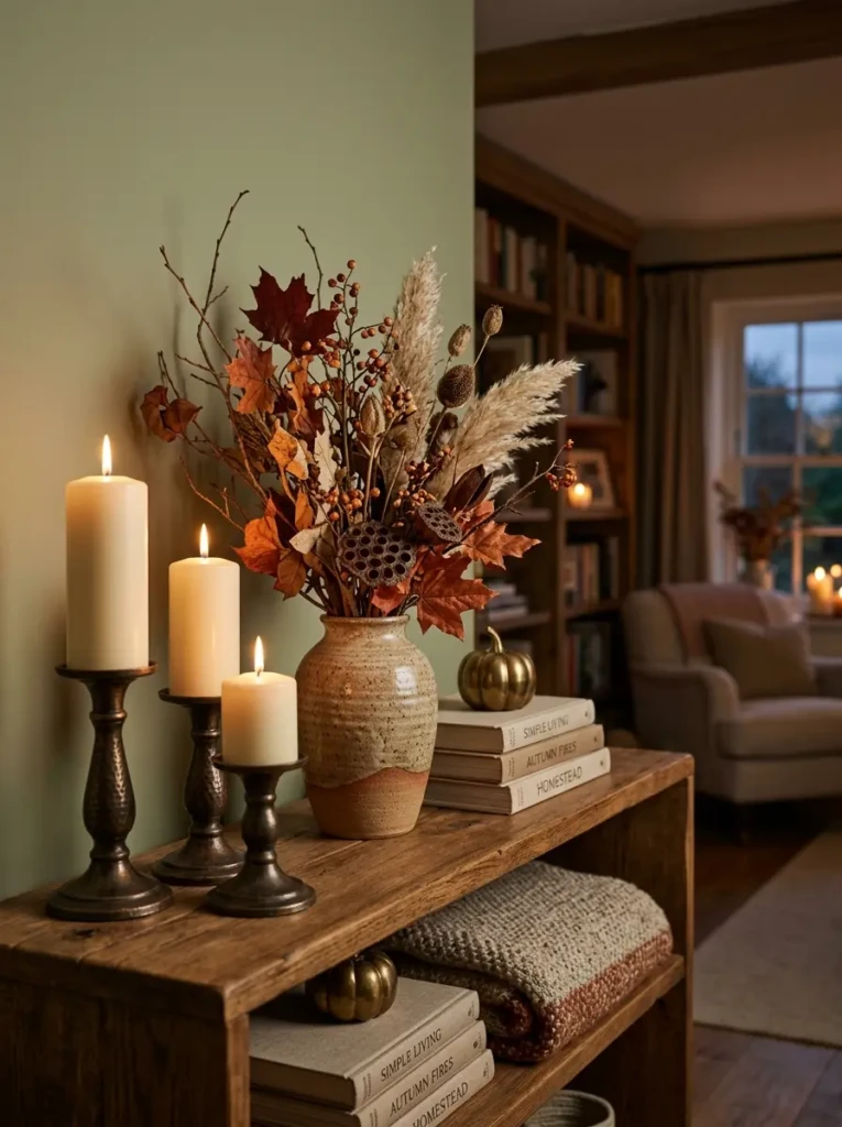 Bronze candle holders and a ceramic vase styled in varied heights on a cozy sophisticated autumn shelf.