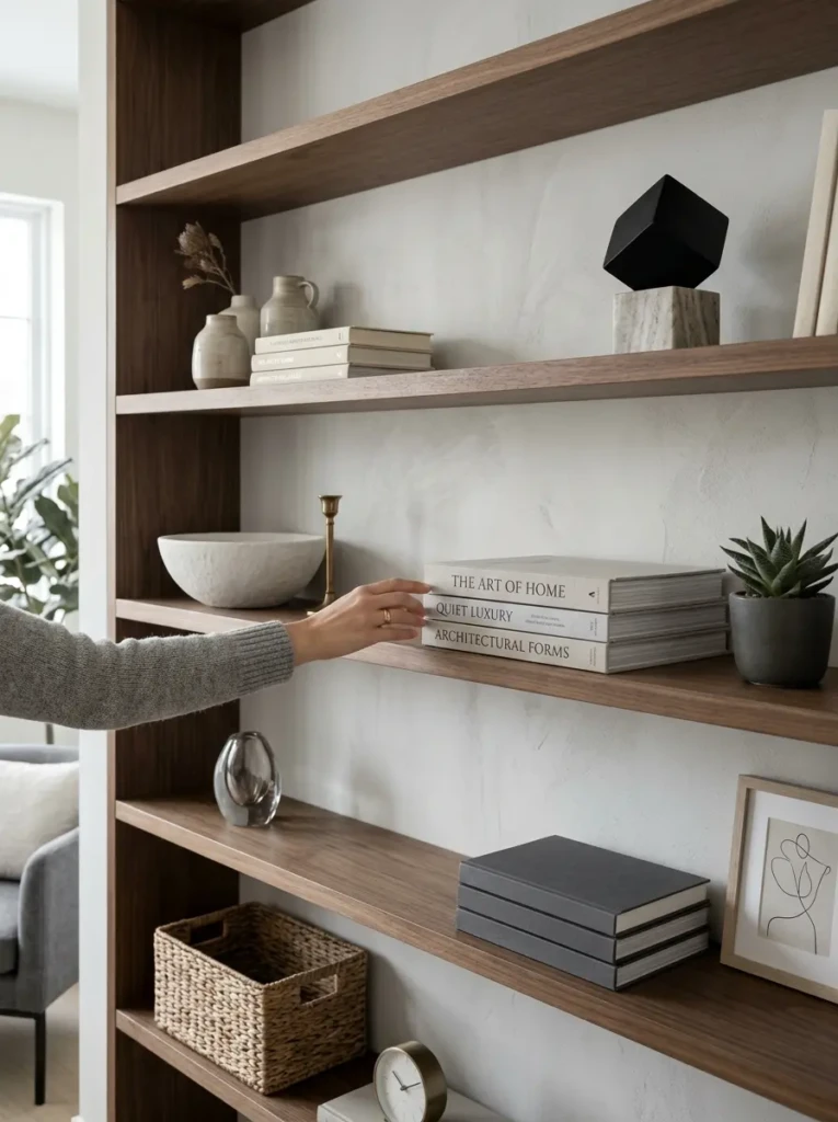 Decorative clusters on floating shelves arranged with intentional spacing and clean refined lines.