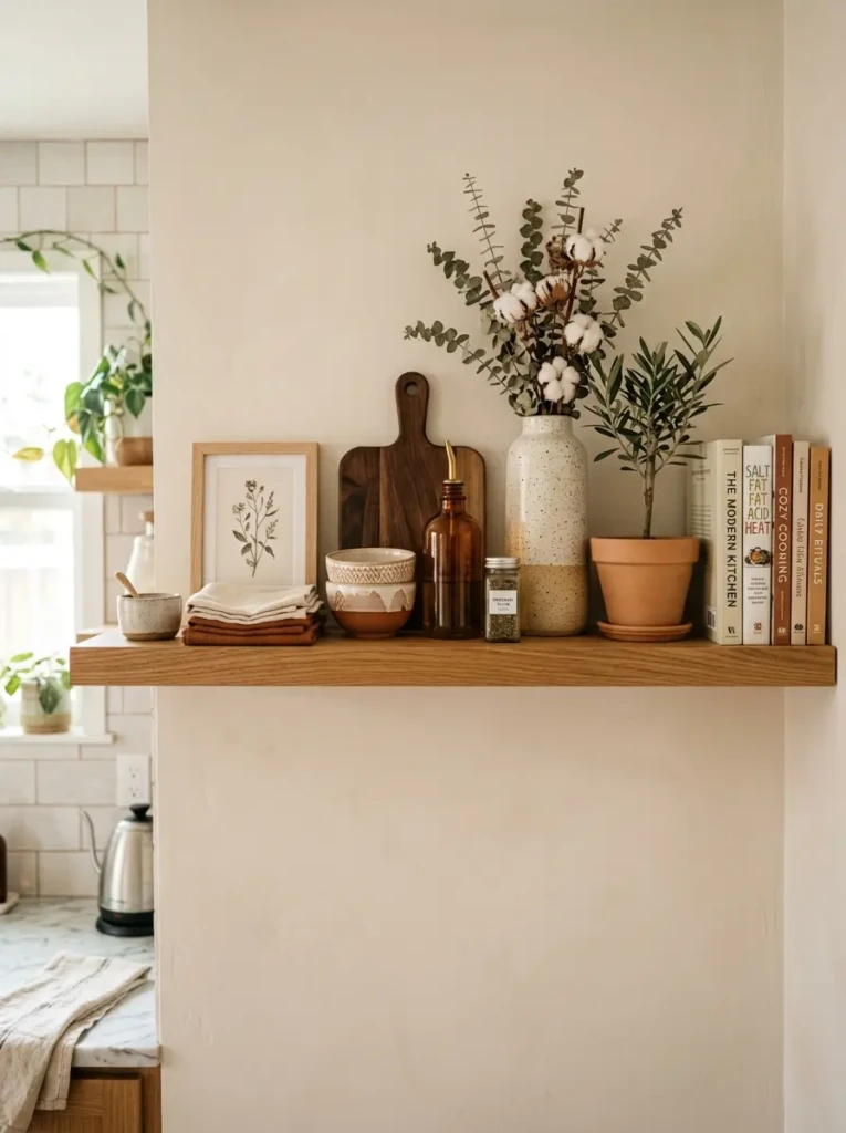 Floating kitchen shelf showing intentional object height variation for elegant visual flow and balance.