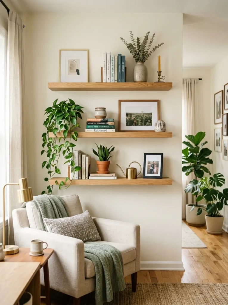 Floating shelves in apartment living room styled with books, vases, framed art, candles, and small indoor plants.