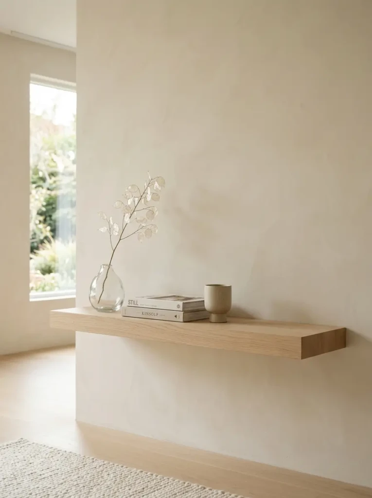 Minimal shelf decor in oatmeal tones with pale wood, glass accents, and uncluttered spacing.