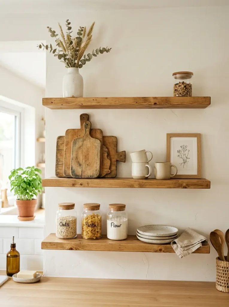 Pine floating shelves with glass jars, vintage cutting boards, neutral ceramics, and balanced negative space in a small airy kitchen.