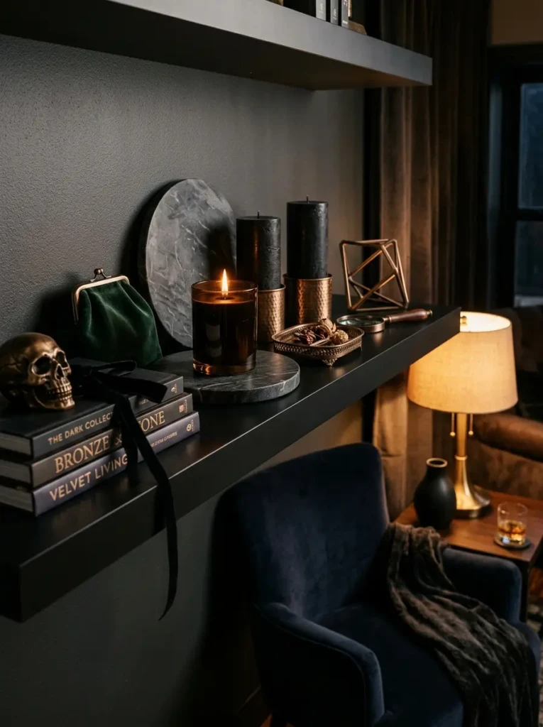 Black floating shelf styled with velvet decor, marble accessories, bronze details, and candlelight.