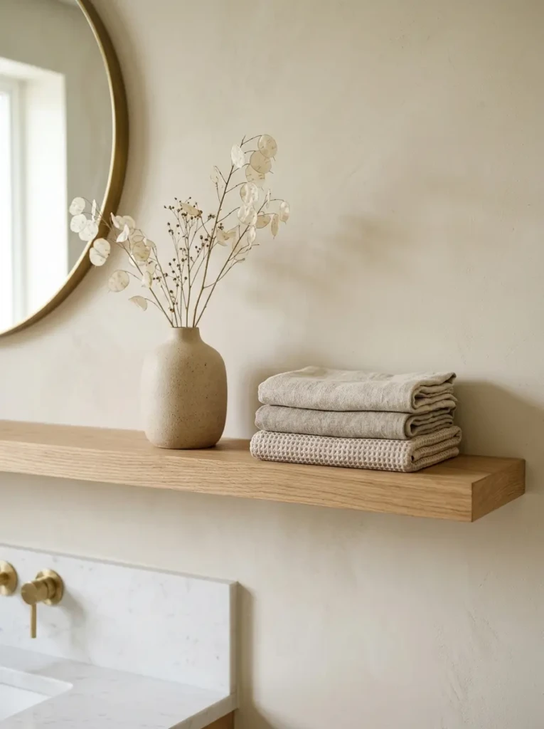 Minimal bathroom shelf design featuring open empty space with a vase and towel stack.