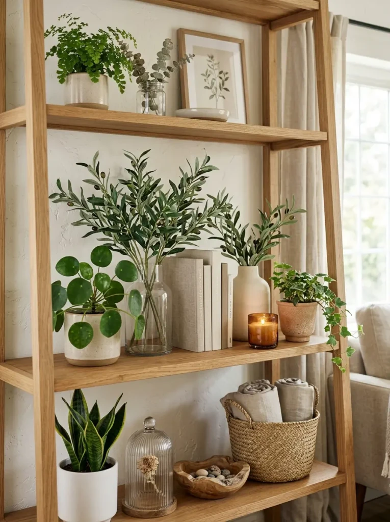 Shelf styling with potted plants, faux olive stems, ceramic pots, and soft natural textures.