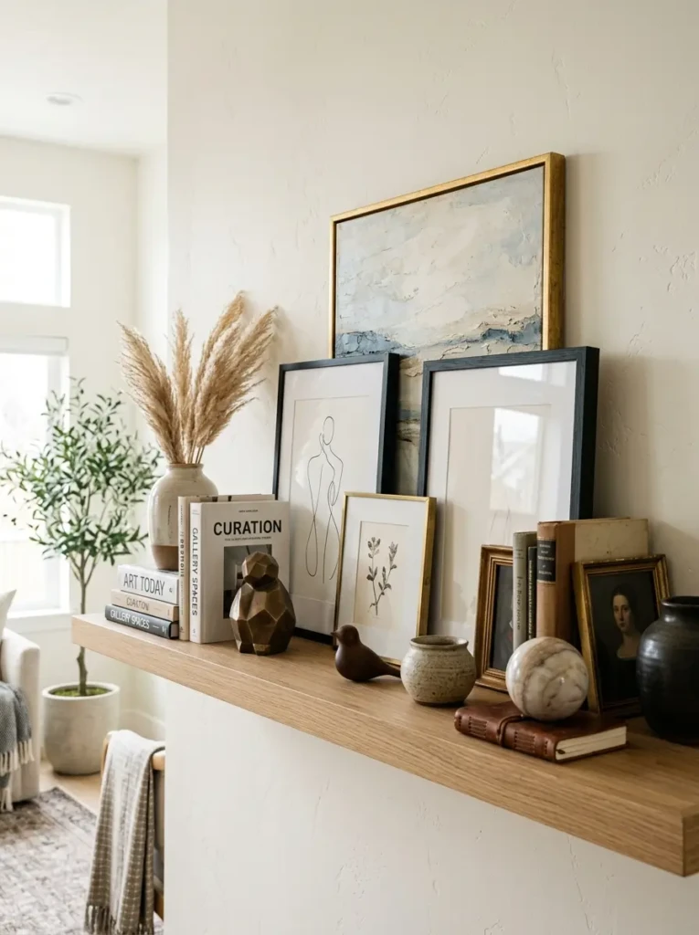 Shelf styling with overlapping framed art and sculptural decor pieces for depth.
