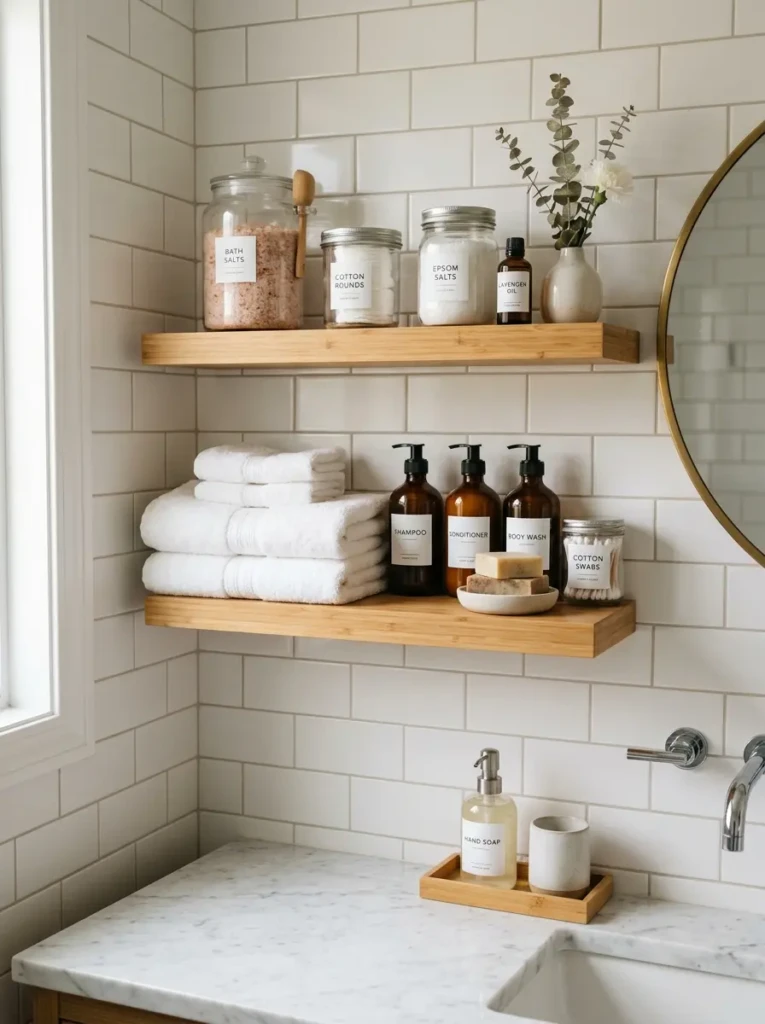 Bamboo bathroom shelves holding glass jars, cotton rounds, and folded towels in an elegant spa layout.
