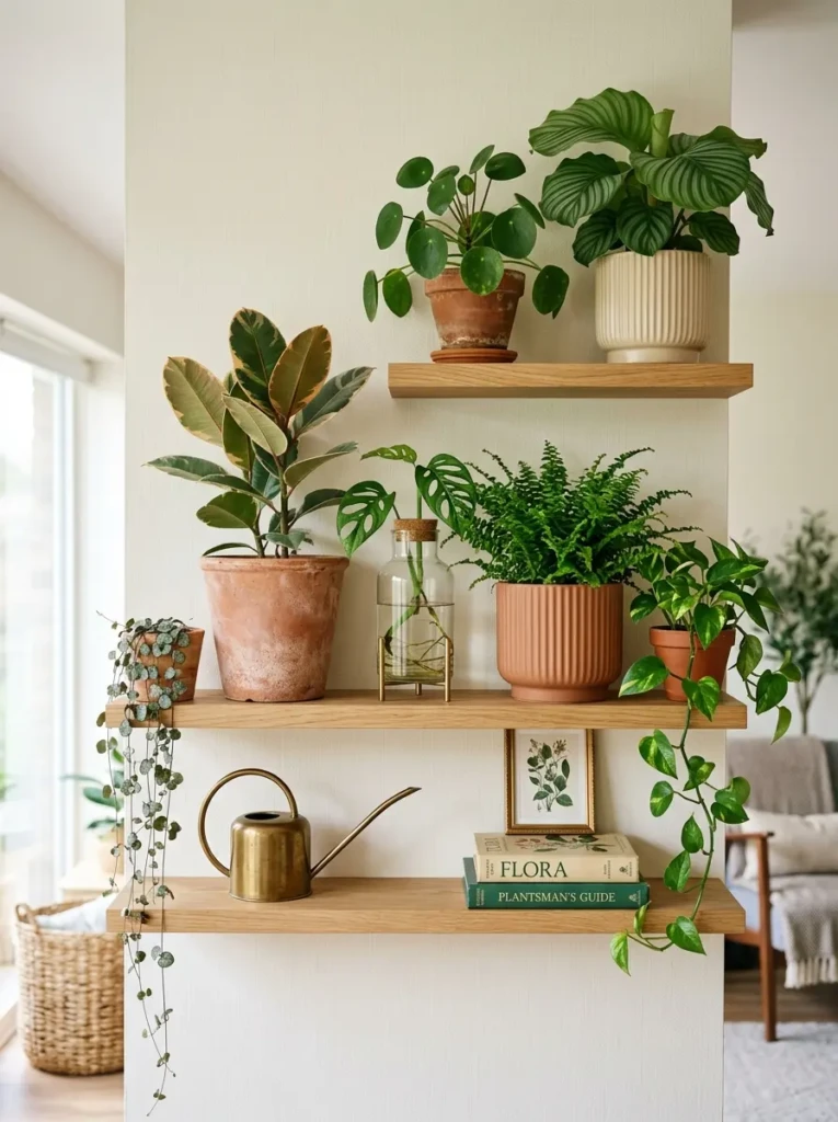 A small shelf with terracotta pots, ceramic planters, and glass propagation jars filled with fresh greenery.