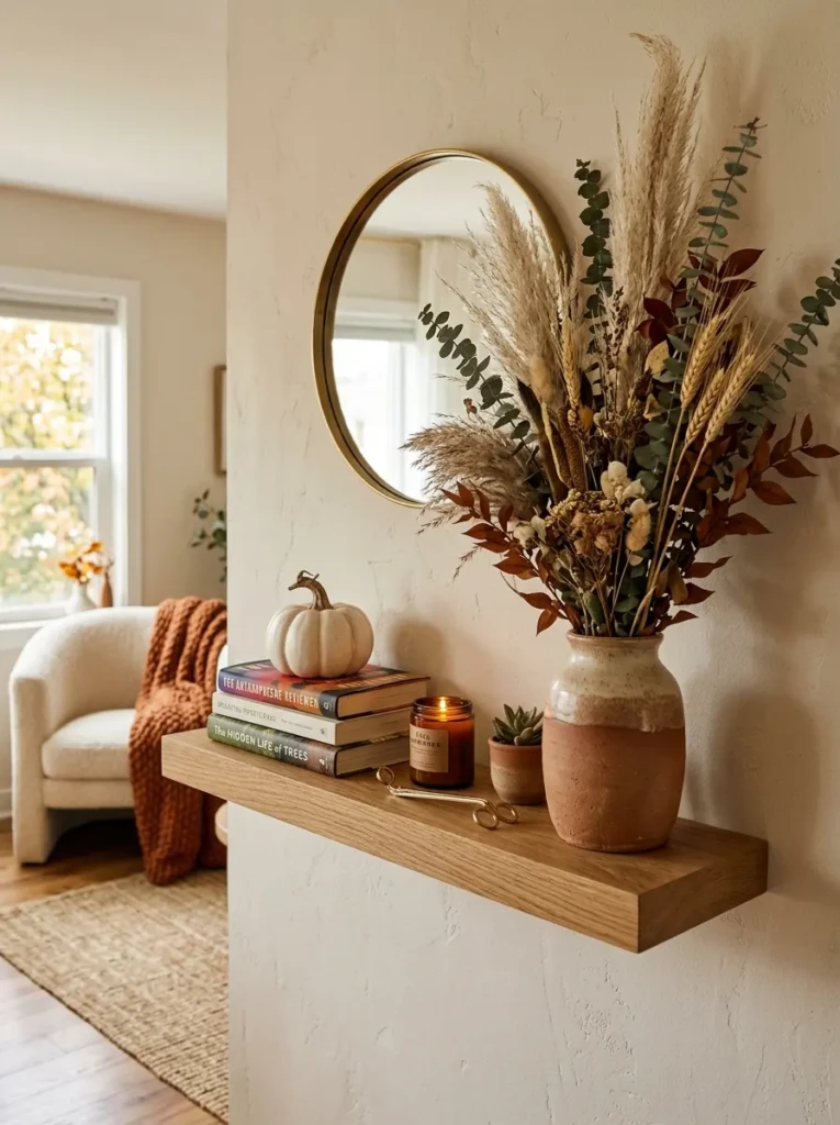 One tall dried arrangement balanced with stacked books and a mini pumpkin on an asymmetrical autumn shelf.