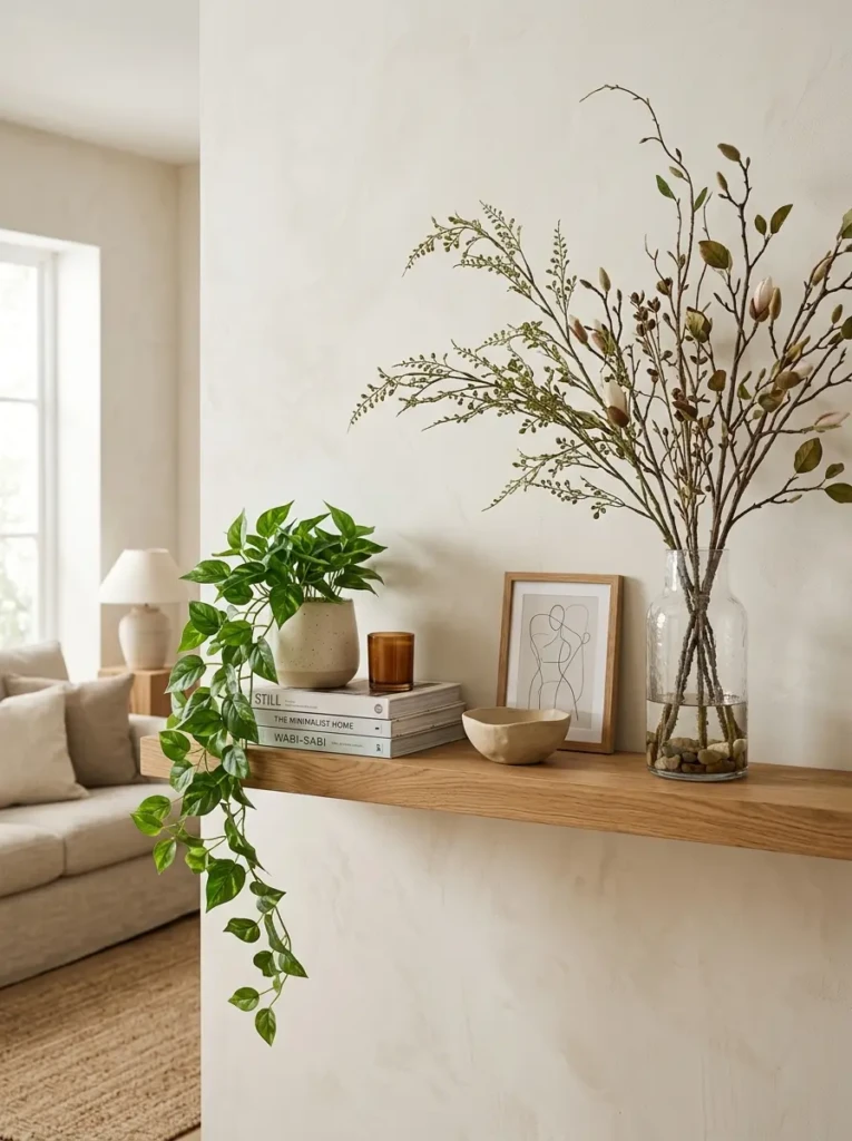 A long shelf styled with one trailing faux plant and one tall branch arrangement for soft organic balance.