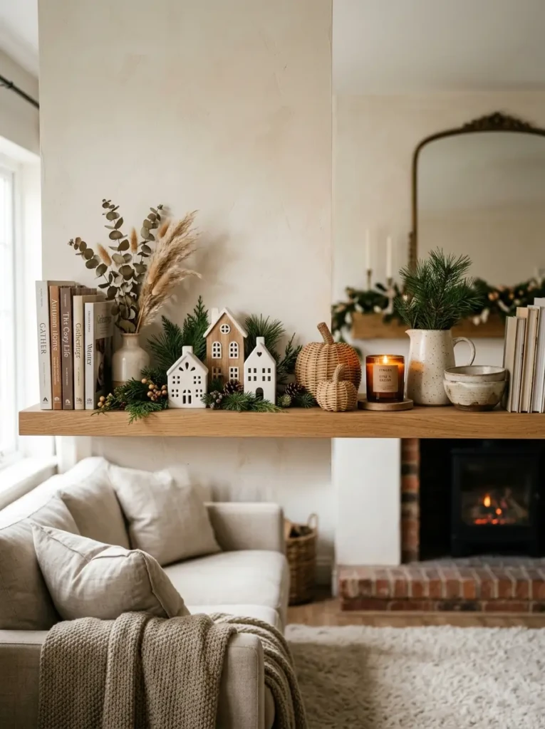 Books and ceramics on a floating shelf refreshed with pumpkins, pine sprigs, and festive mini houses.