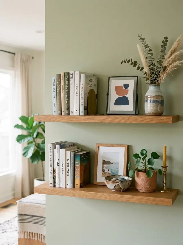 A curated shelf with books, art pieces, and minimal decor creating a balanced and personal look.