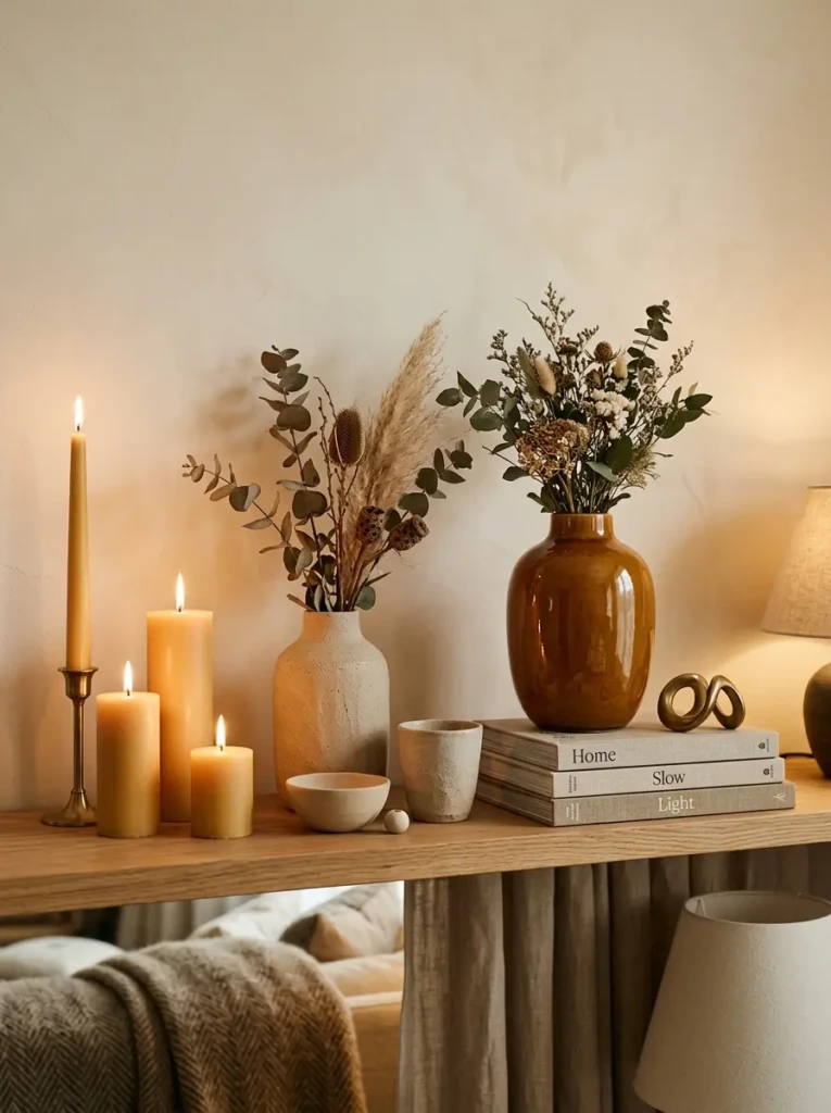 Floating shelf with candles of varying heights, matte ceramics, and glossy vase styling.