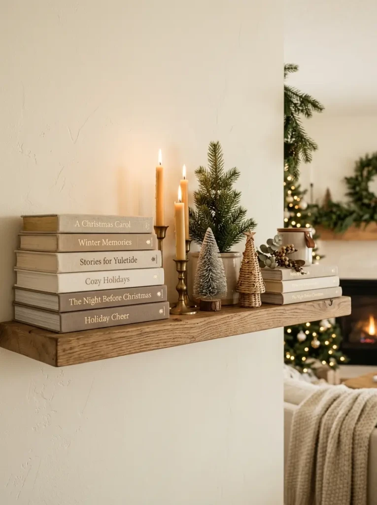 Floating shelf with stacked Christmas books topped with candles and mini decorative trees in neutral tones.