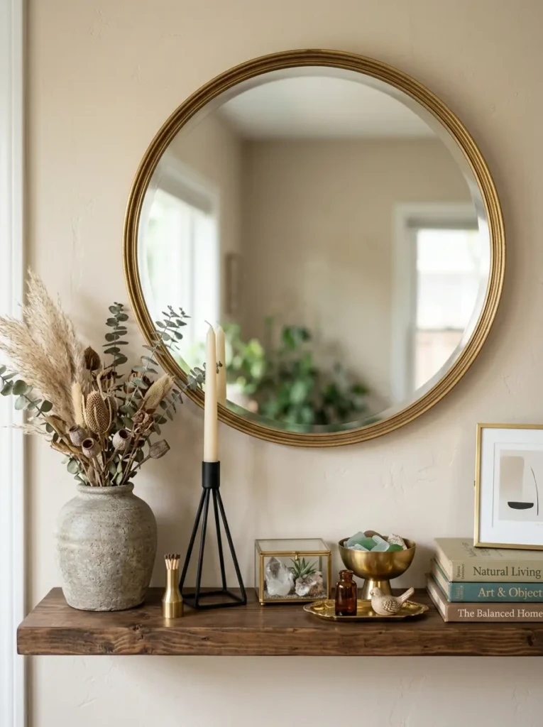 A gold-rim mirror paired with a dark candle holder and stone vase on a balanced floating shelf.