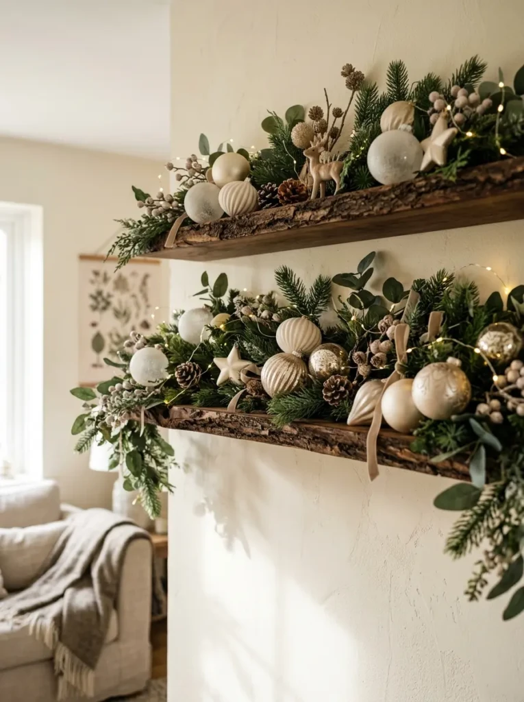 Floating shelf decorated with ivory and champagne ornaments nestled into greenery for elegant holiday styling.