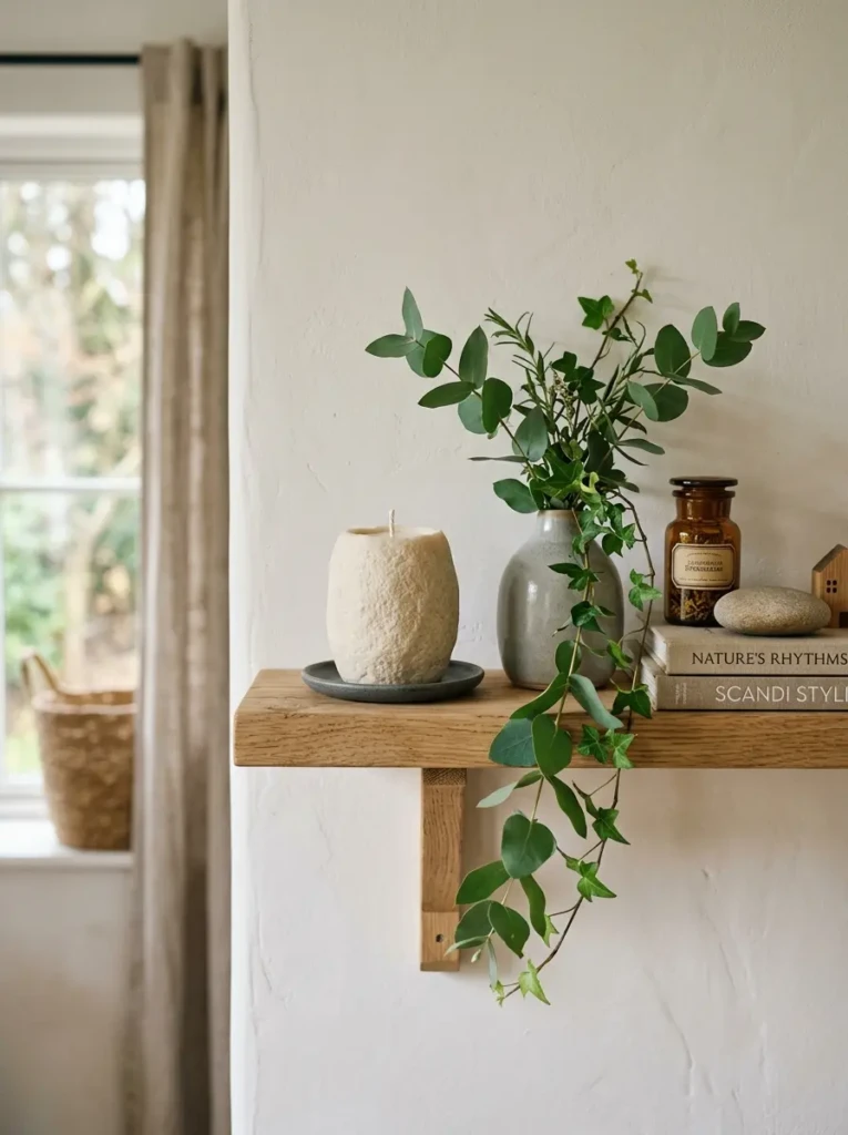Minimal floating shelf featuring draping greenery, textured candle, and soft neutral vase.