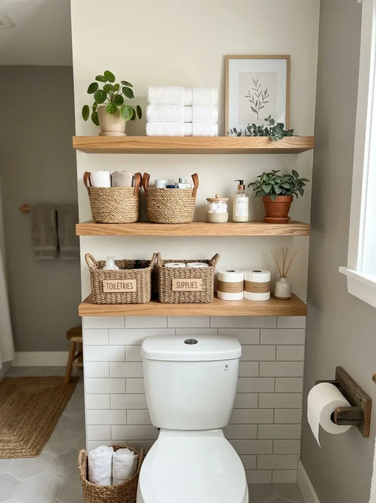 Wall-mounted shelves with baskets, towels, and plants in a compact bathroom layout