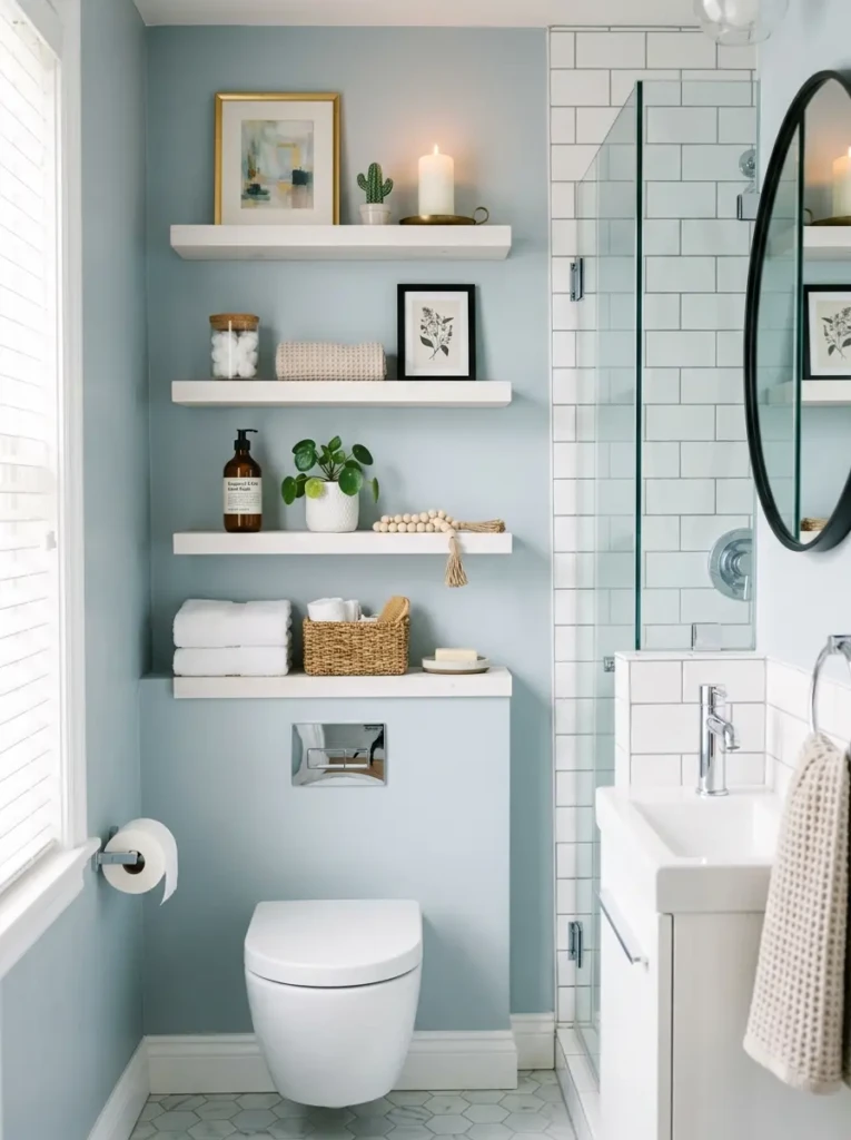 Narrow bathroom shelves styled with essentials, mini art, and candles in a small space.