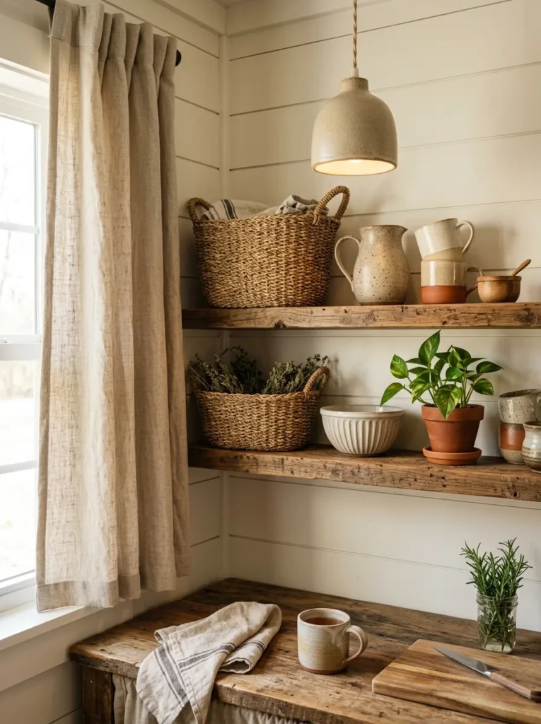 Reclaimed wood shelves, woven baskets, and ceramic lighting in a small farmhouse-modern kitchen.