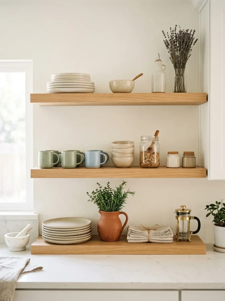 Neatly arranged open shelves with coordinated retro dishware and soft color tones.