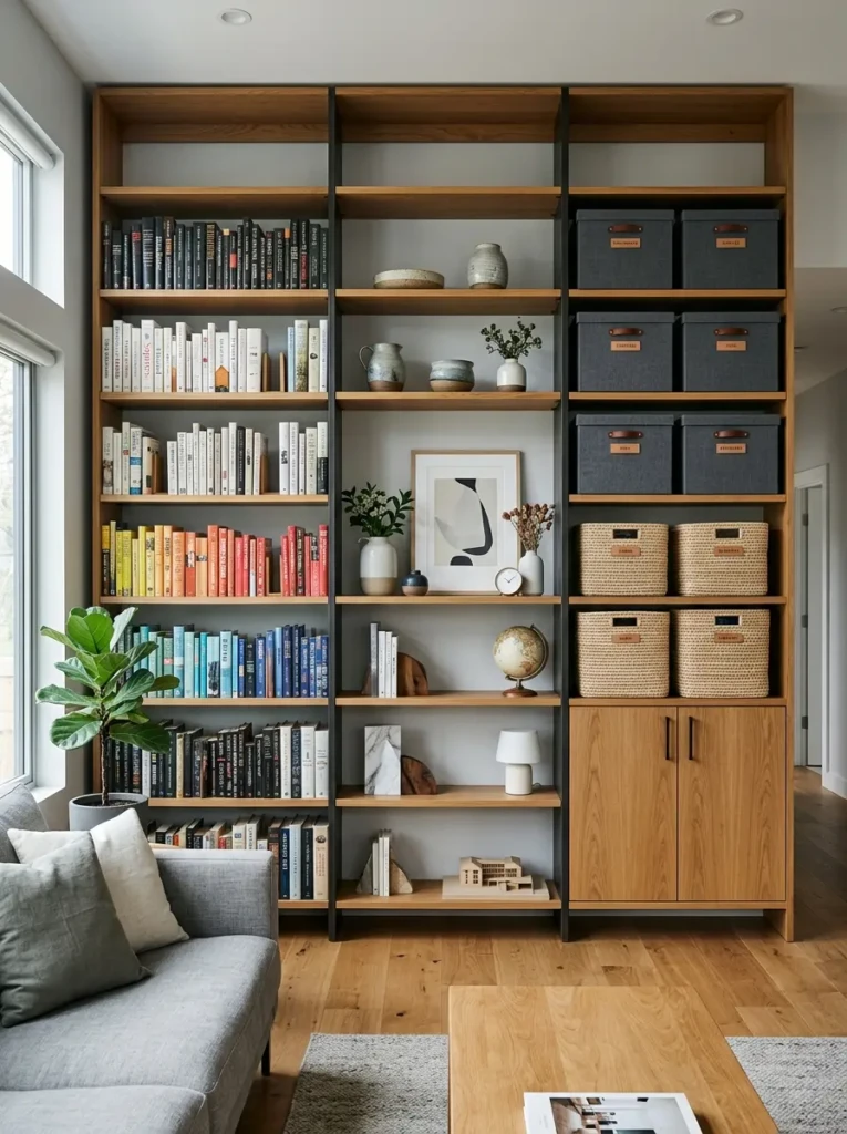 Large shelving wall divided into books, storage boxes, and decor zones.