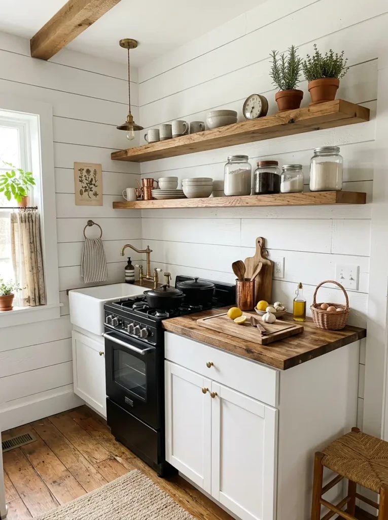 A tiny farmhouse kitchen featuring a white shiplap wall with wood shelves and rustic styling.