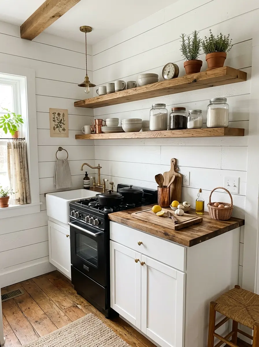 A tiny farmhouse kitchen featuring a white shiplap wall with wood shelves and rustic styling.