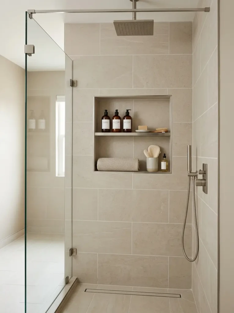 Modern shower niche with storage and neutral tiles in a sleek small bathroom