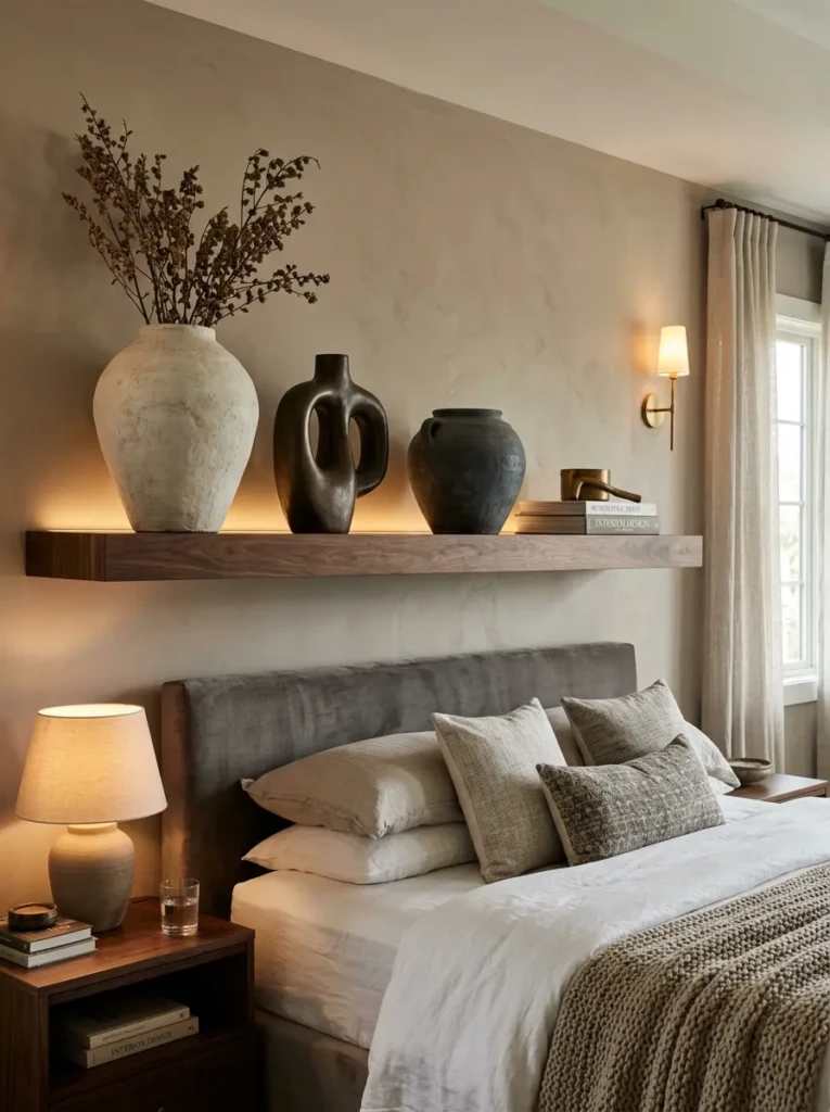 A single floating shelf styled with large decor pieces and warm lighting in an elegant bedroom.