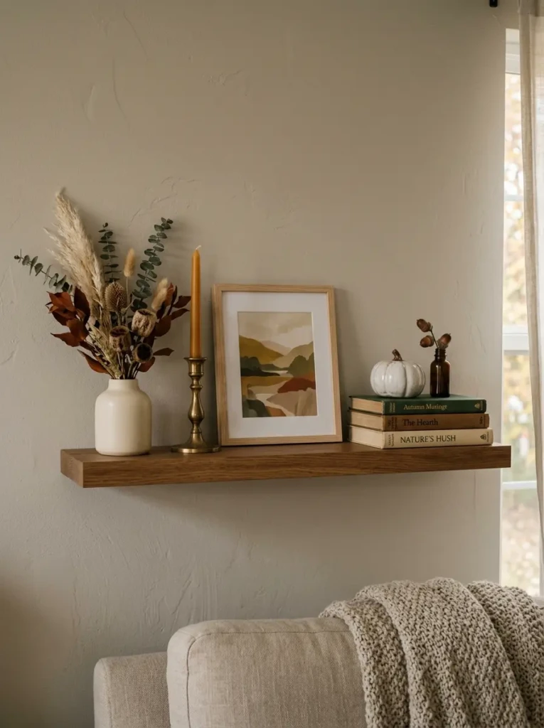 A single easy-to-style floating shelf in a moody neutral autumn palette for beginner decor inspiration.