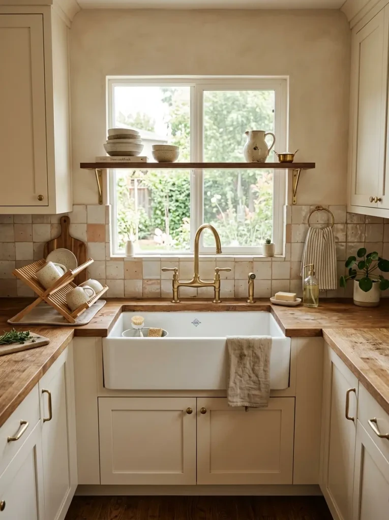 Detailed sink area with a fireclay apron sink, brushed brass faucet, and handmade tile backsplash in a U-shaped farmhouse kitchen.