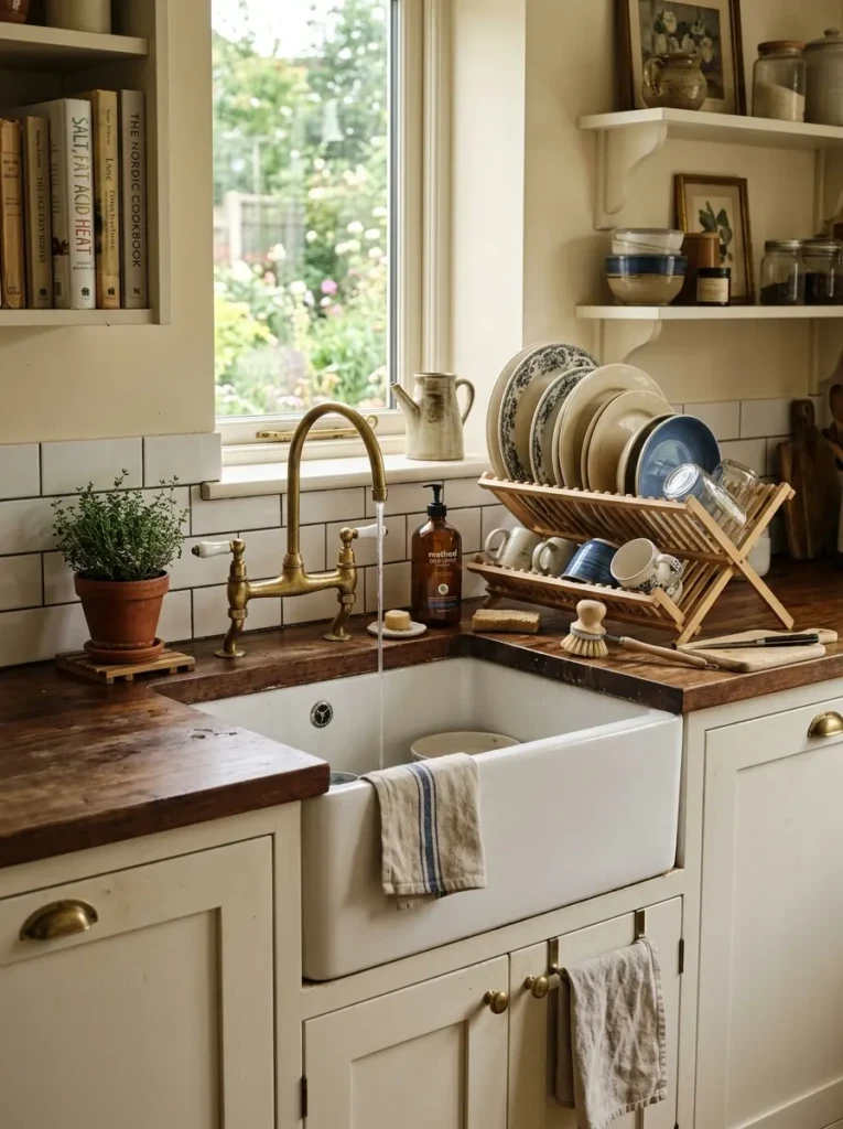A practical sink area with clean counters, stacked dishes, and a beautiful farmhouse sink as the kitchen focal point.