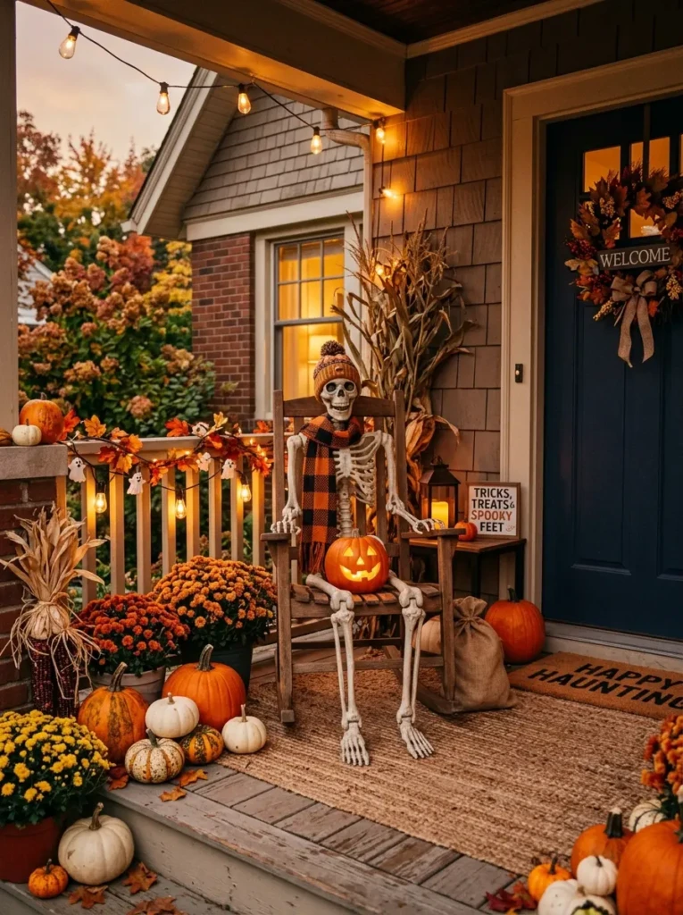 Friendly skeleton sitting on a porch chair holding a pumpkin and wearing a scarf in a playful Halloween setup