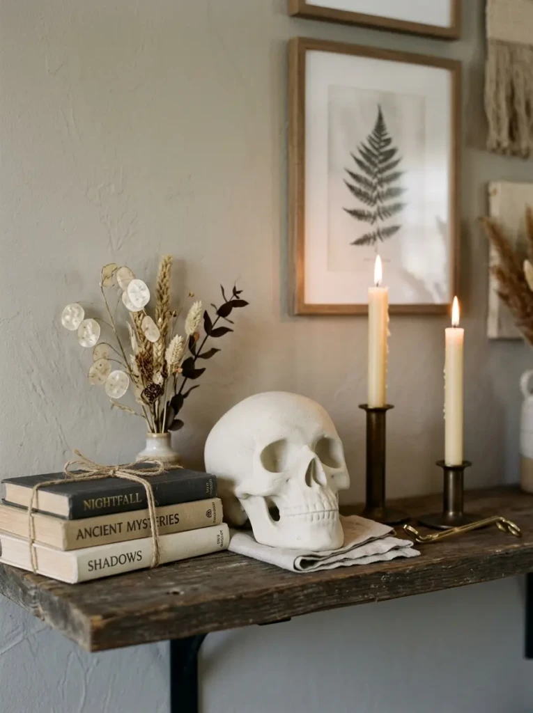 Small skull decor in neutral tones styled with candles and books for a clean and modern Halloween look