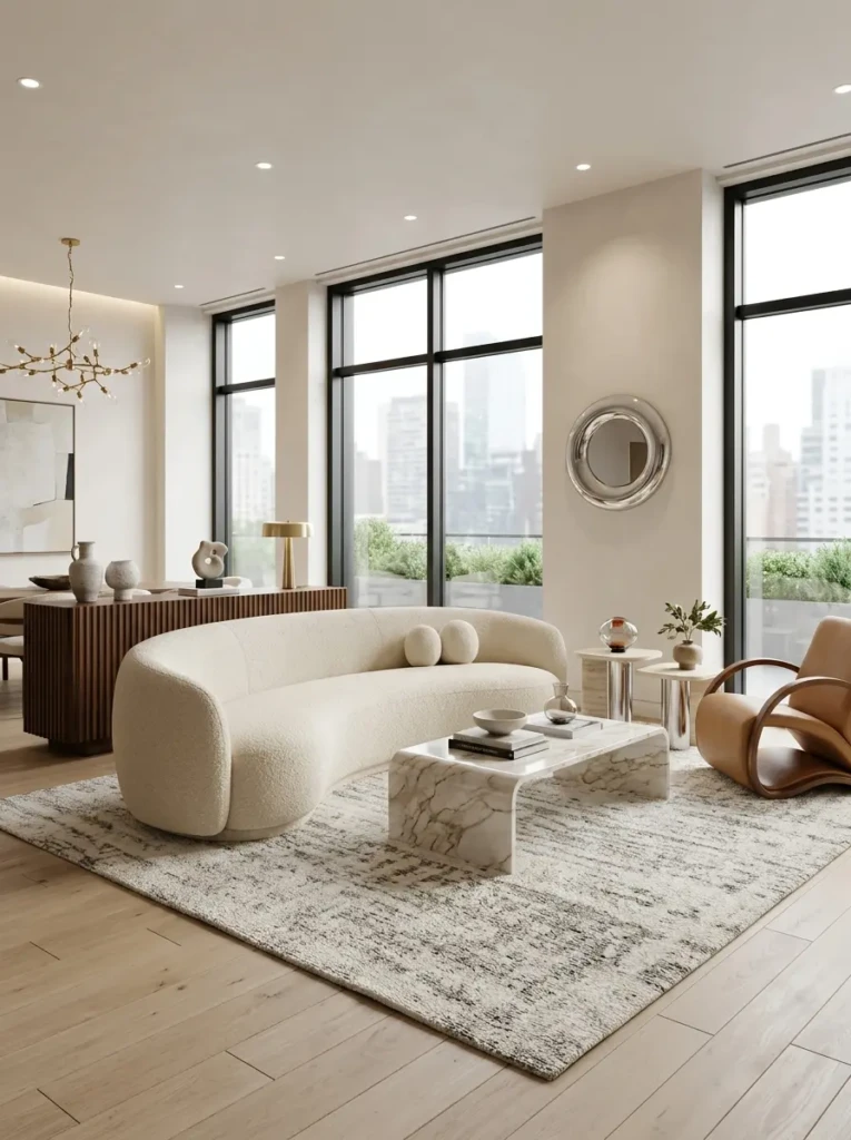 Sleek living room furniture arrangement with crescent sofa, fluted console, and sculptural side tables.