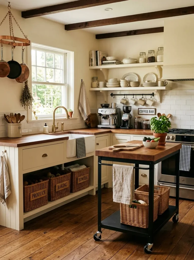 Small farmhouse kitchen with a movable island cart used for coffee supplies, storage baskets, and prep space.