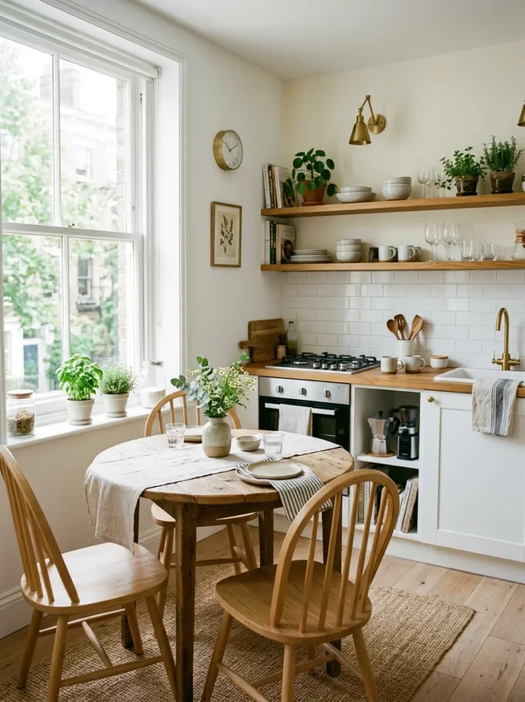 Bright apartment kitchen with a small round farmhouse table, floating shelves, and space-saving furniture.