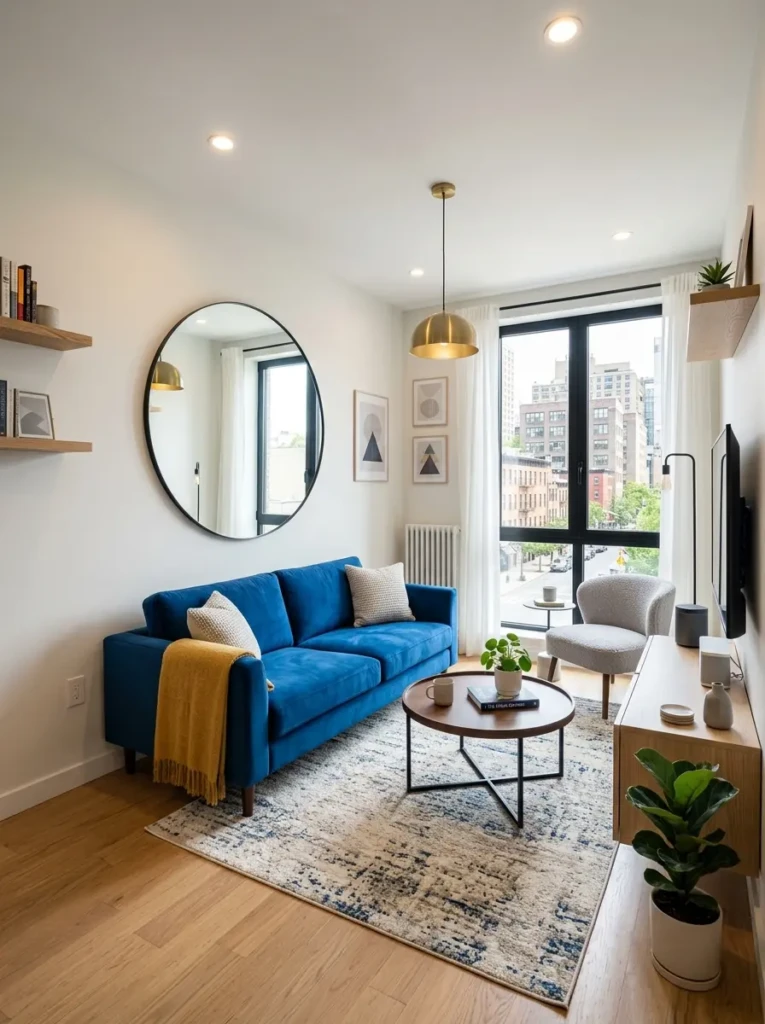 Compact urban living room with a blue couch, sleek furniture, mirror accents, and a clean layout that maximizes space