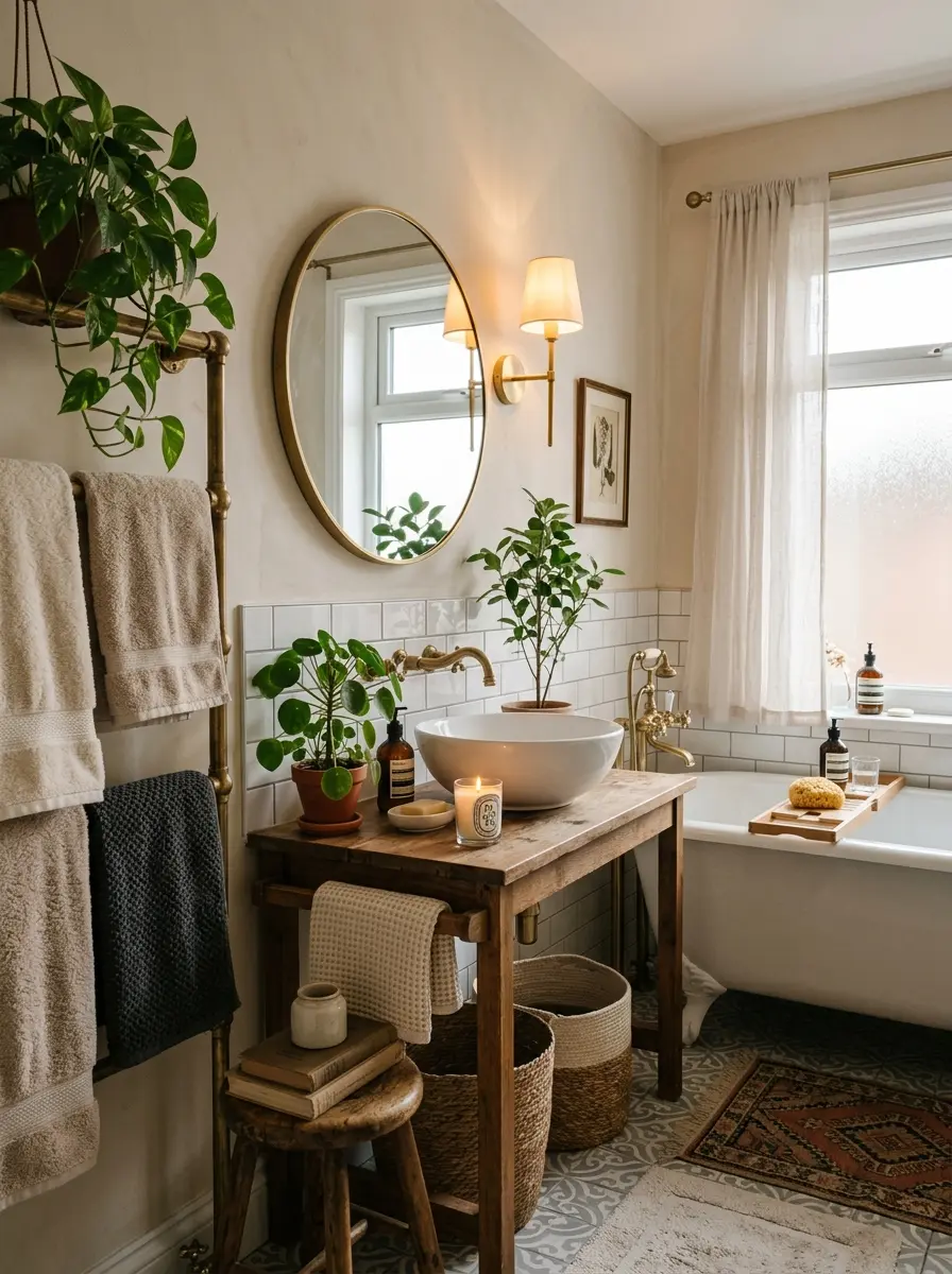 A well-decorated small bathroom with soft towels, plants, warm lighting, and a visually pleasing arrangement