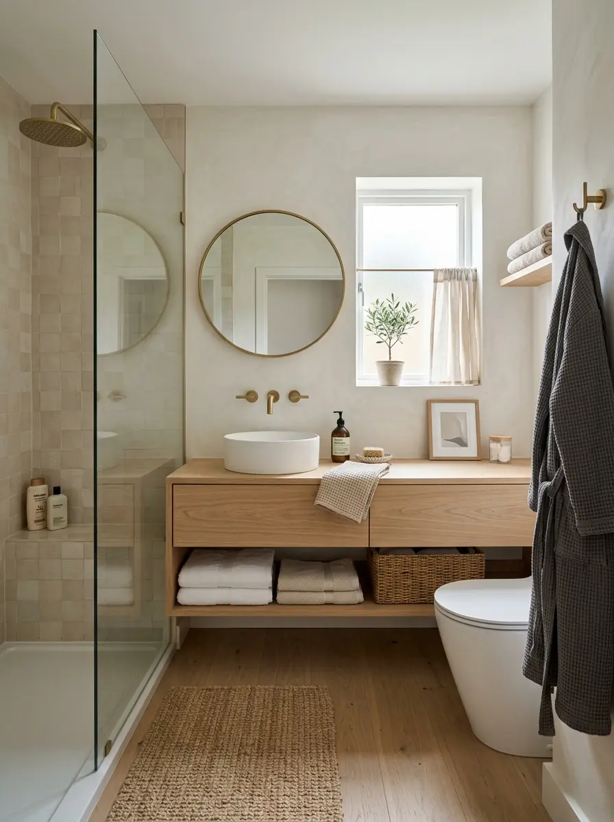 Small bathroom with soft natural light, neutral tones, and organized layout creating a calm, airy, and luxurious feel