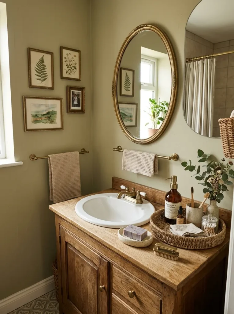 Small bathroom styled with framed art, ceramic accessories, and tray decor for a charming personalized touch