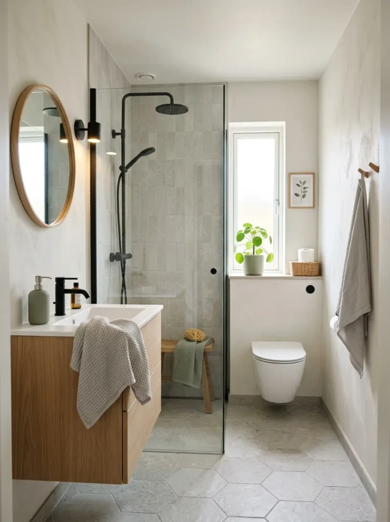Small bathroom designed with warm white walls, muted sage accents, and soft grey tones for a calm and airy look