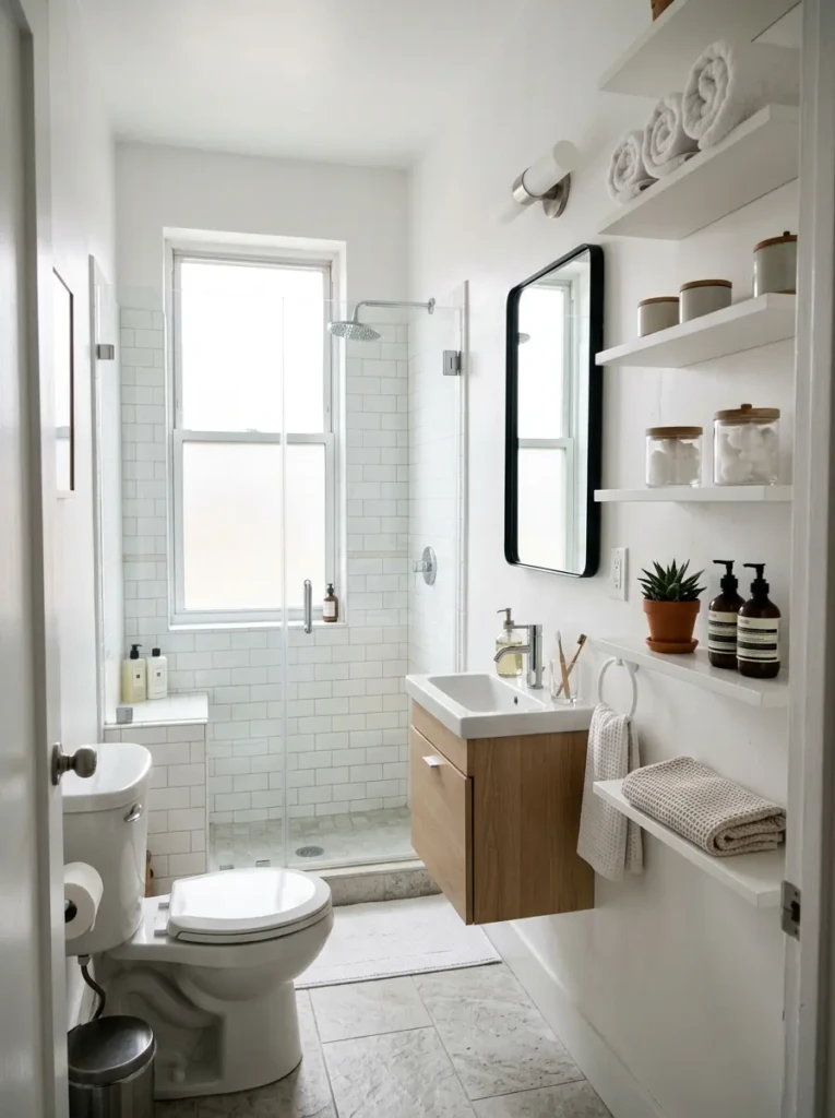 Compact bathroom with slim floating shelves designed to maximize space.