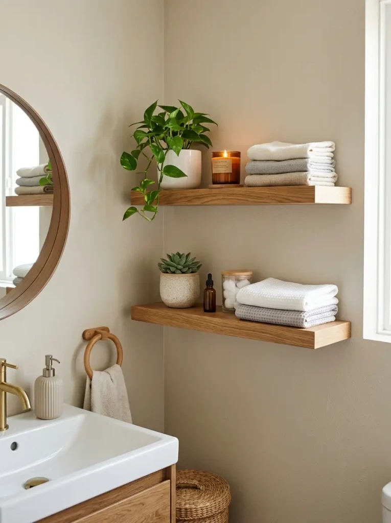 Minimal floating wooden shelves holding folded towels, plants, and candles in a small cozy bathroom setup