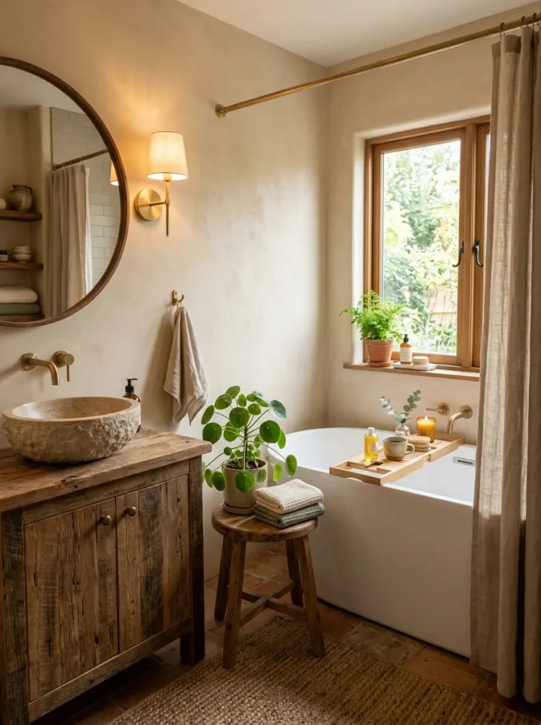 Small bathroom with wooden stool, green plant, and bamboo accessories creating a warm and organic atmosphere